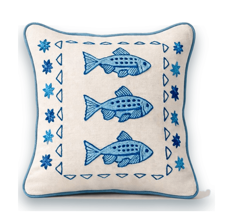 Three Fish Cushion in blue, front