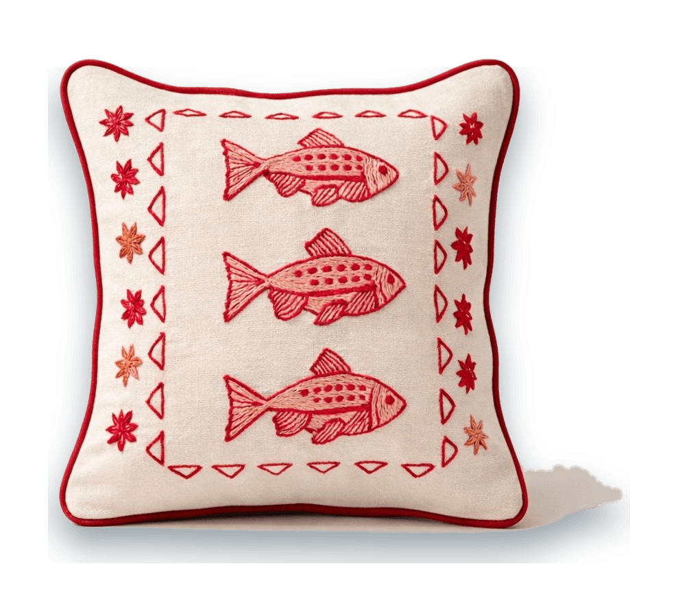 Three Fish Cushion in red, front