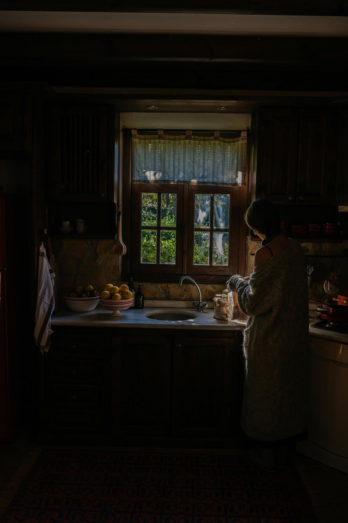 A kitchen in the evening