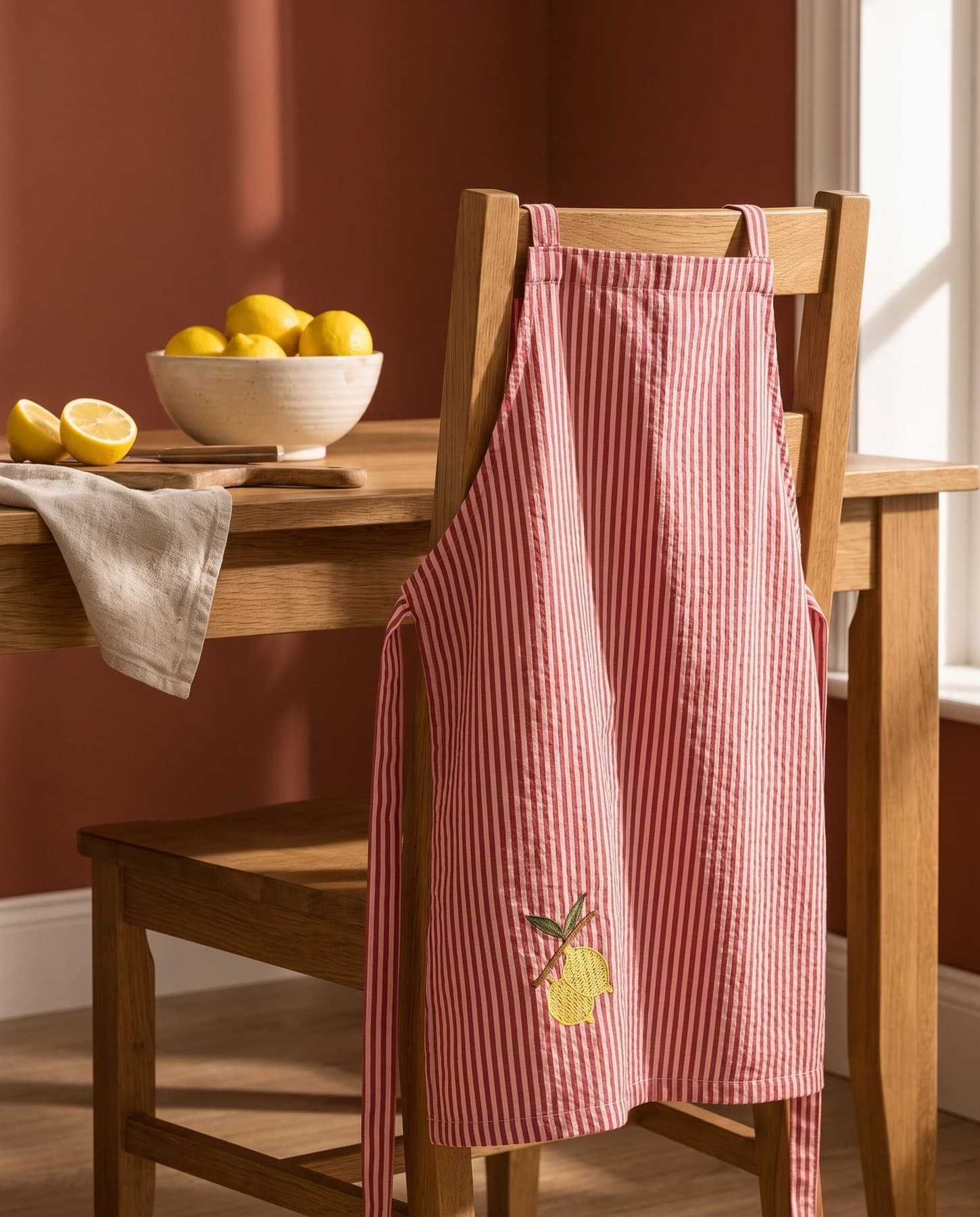 The Lemon Stripe Apron over a chair beside a bowl of lemons