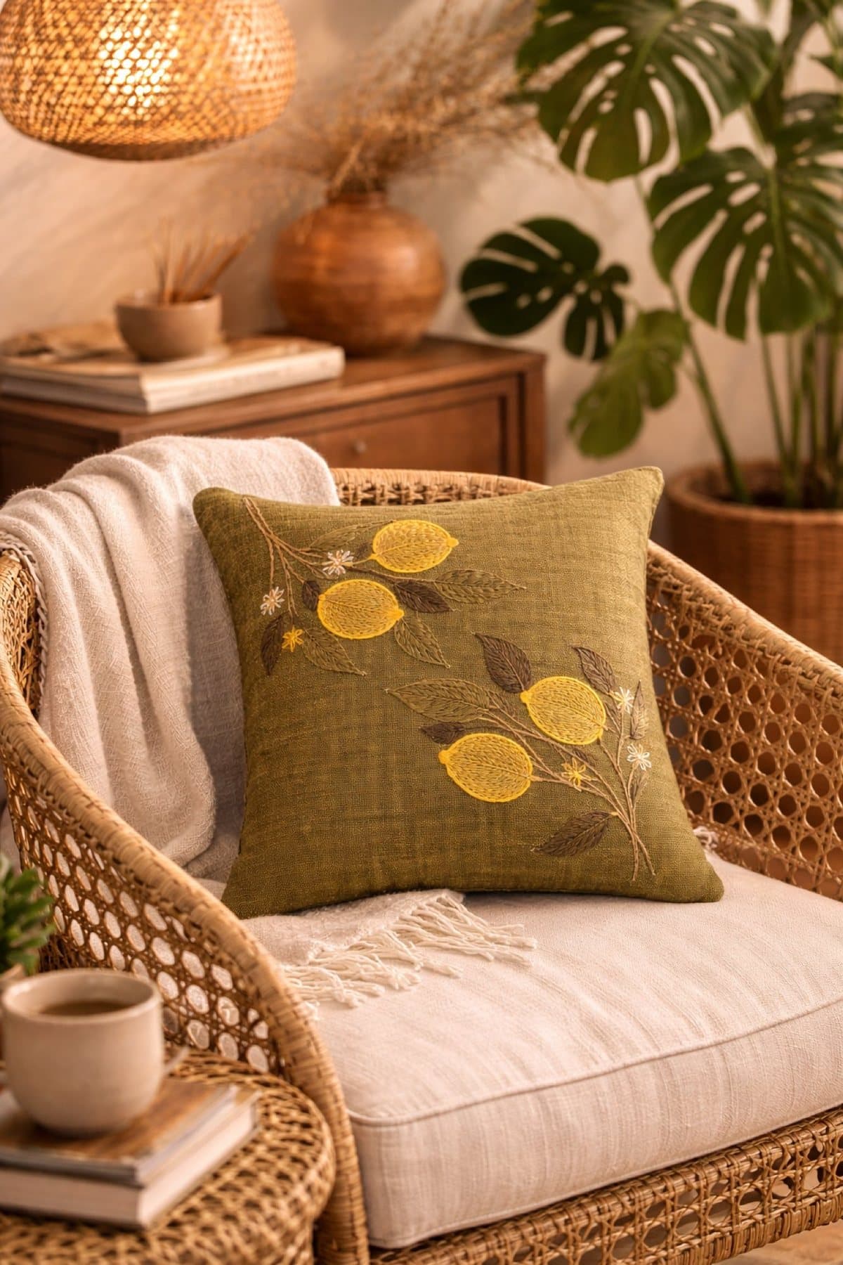 A cushion on a rattan chair